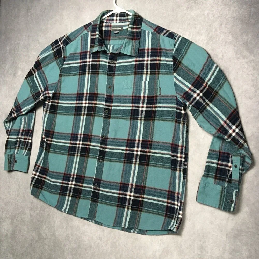 Eddie Bauer Mens Plaid Flannel‎ Shirt size XXL Long Sleeve Button Up Pocket Blue
